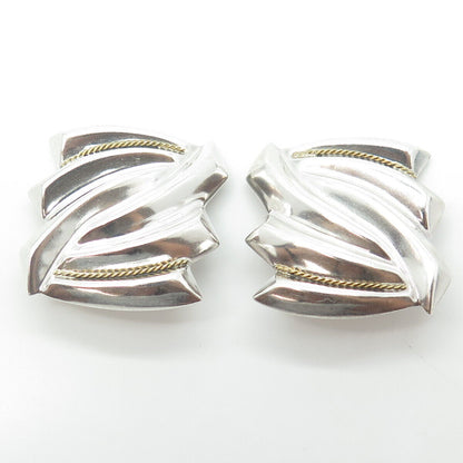 925 Sterling Silver 2-Tone Vintage Mexico Ribbed Modernist Clip On Earrings