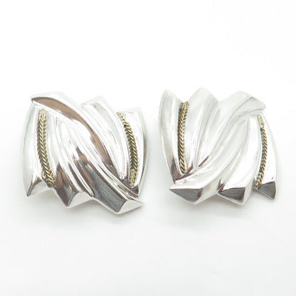 925 Sterling Silver 2-Tone Vintage Mexico Ribbed Modernist Clip On Earrings