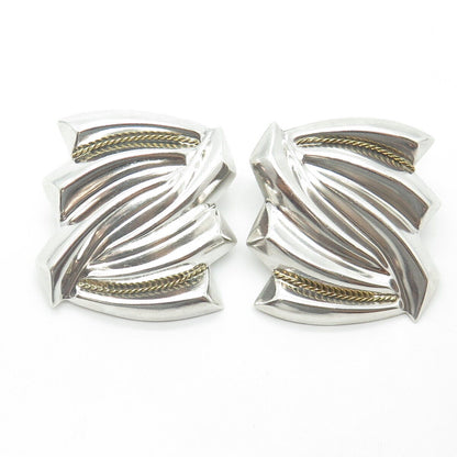 925 Sterling Silver 2-Tone Vintage Mexico Ribbed Modernist Clip On Earrings