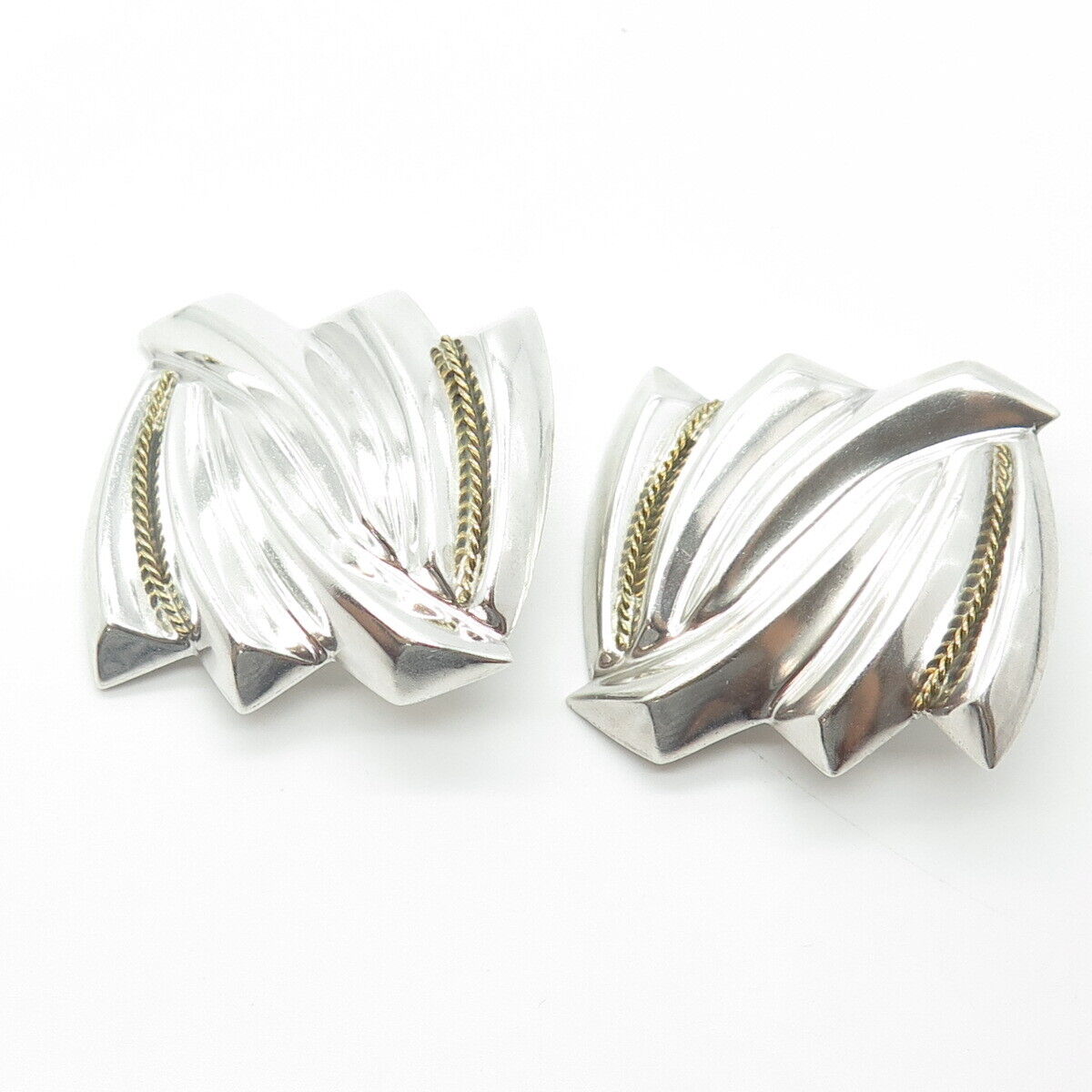 925 Sterling Silver 2-Tone Vintage Mexico Ribbed Modernist Clip On Earrings