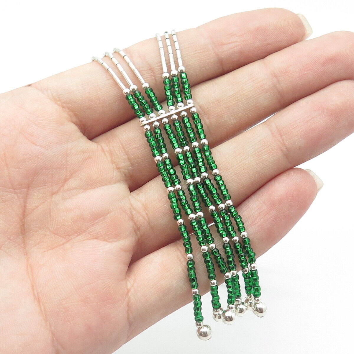 925 Sterling Silver Old Pawn Sunrise Southwestern Green Bead Liquid Necklace 20"