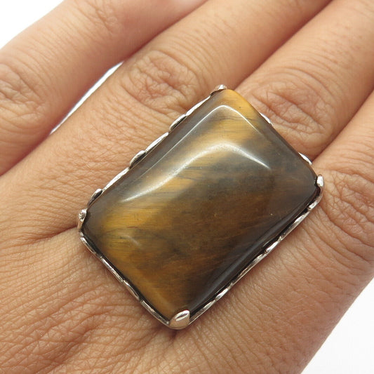 925 Sterling Silver Vintage Prioli Real Tiger Eye Gem Statement Ring Size 8.25