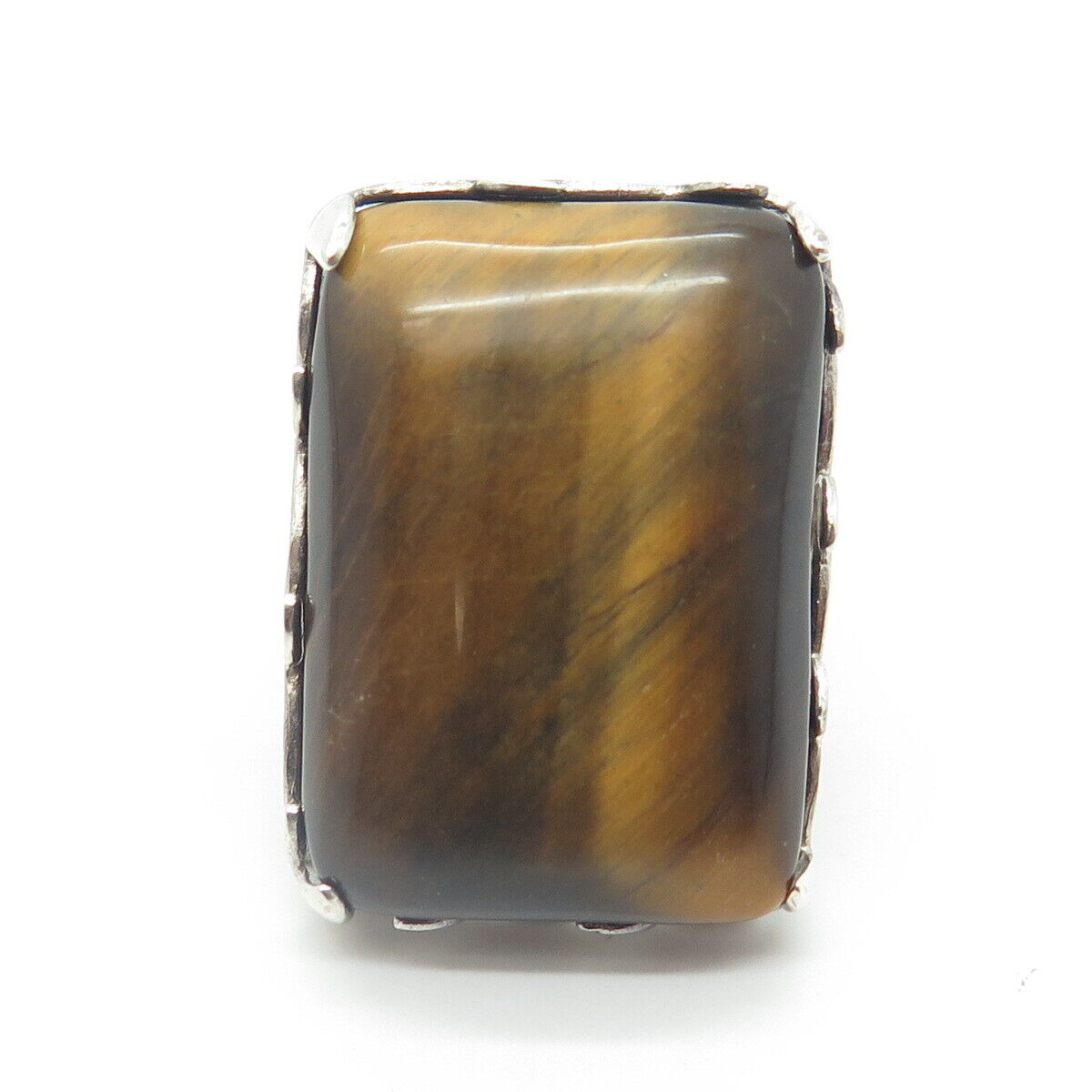 925 Sterling Silver Vintage Prioli Real Tiger Eye Gem Statement Ring Size 8.25