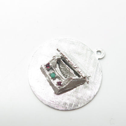 925 Sterling Silver Antique Art Deco Real Amethyst Turquoise Typewriter Pendant