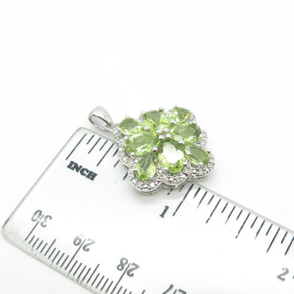 925 Sterling Silver Real White Diamond & Peridot Gem Floral Pendant