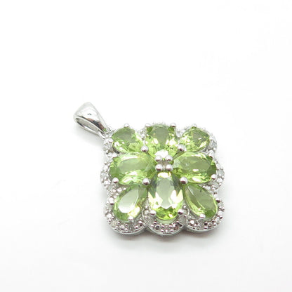 925 Sterling Silver Real White Diamond & Peridot Gem Floral Pendant