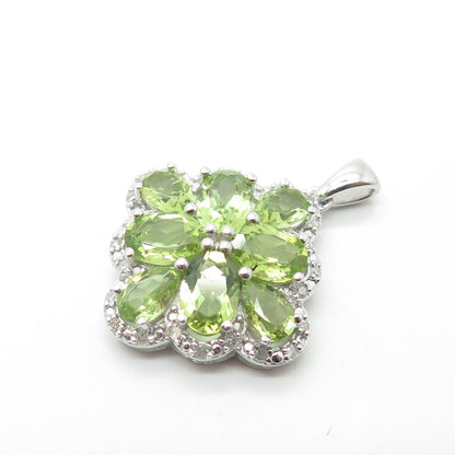 925 Sterling Silver Real White Diamond & Peridot Gem Floral Pendant