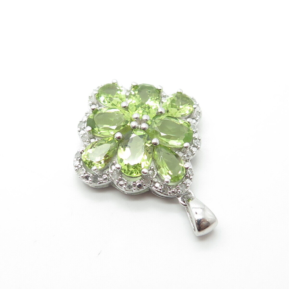 925 Sterling Silver Real White Diamond & Peridot Gem Floral Pendant