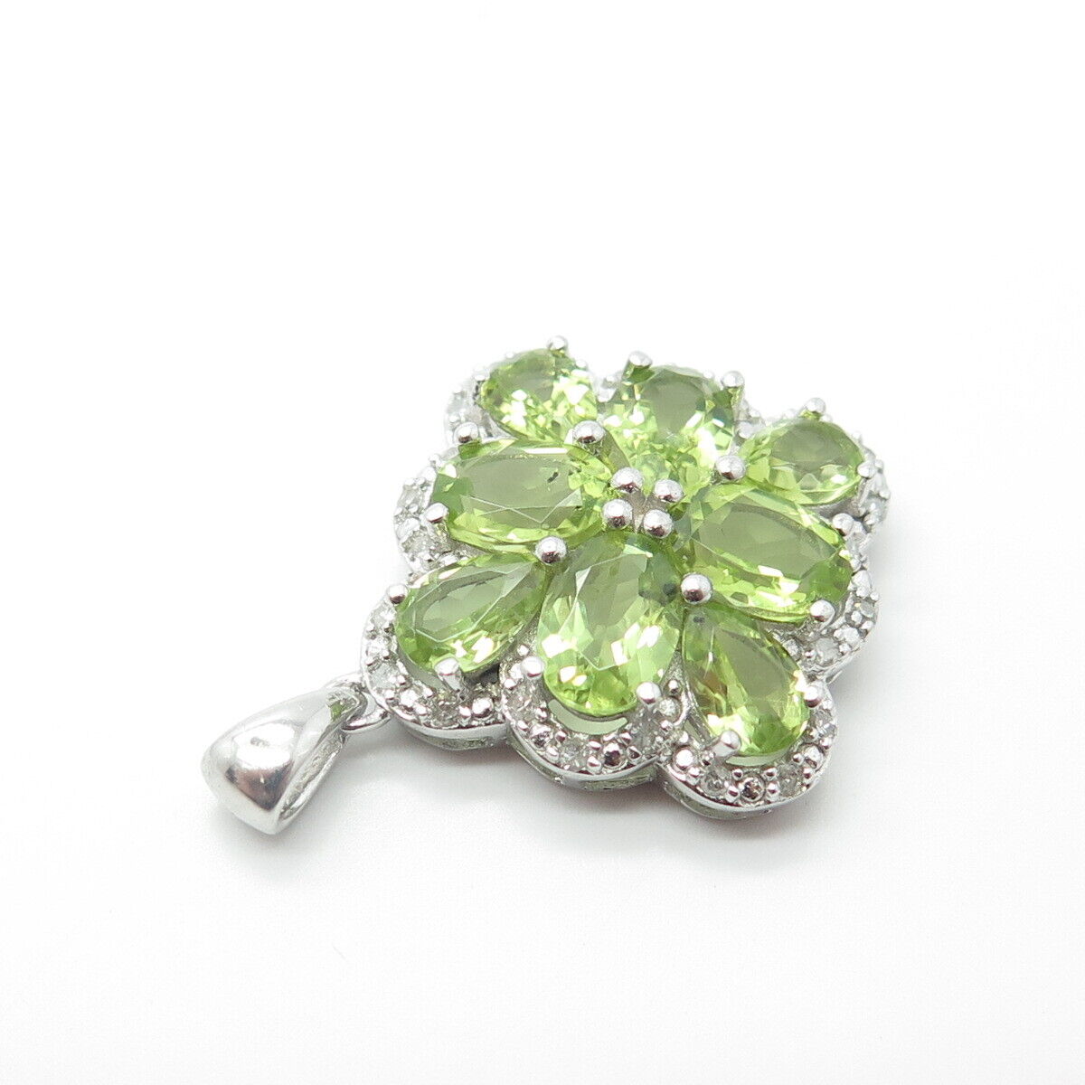 925 Sterling Silver Real White Diamond & Peridot Gem Floral Pendant