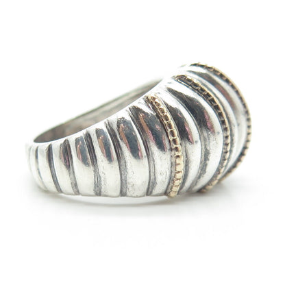 925 Sterling Silver / 14K Gold Vintage Ribbed Domed Ring Size 7.75