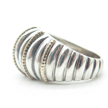 925 Sterling Silver / 14K Gold Vintage Ribbed Domed Ring Size 7.75