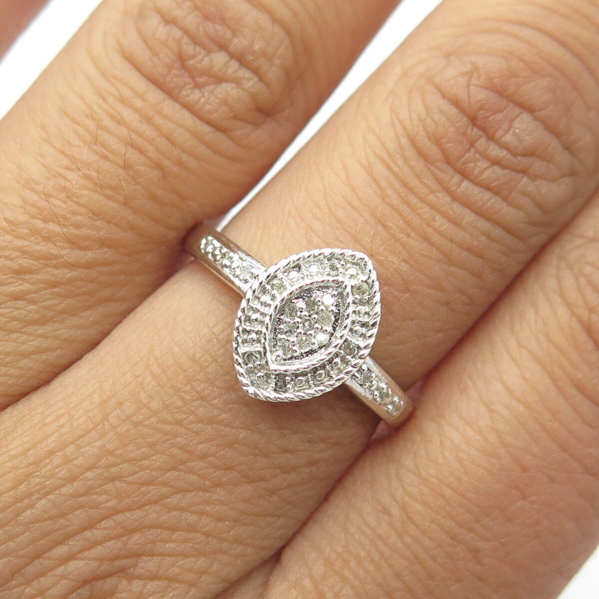 925 Sterling Silver Real White Diamond Cocktail Ring Size 7.25