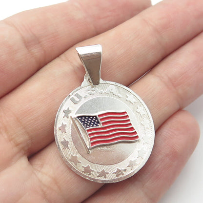 925 Sterling Silver Vintage Enamel United States Flag Round Pendant