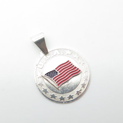 925 Sterling Silver Vintage Enamel United States Flag Round Pendant