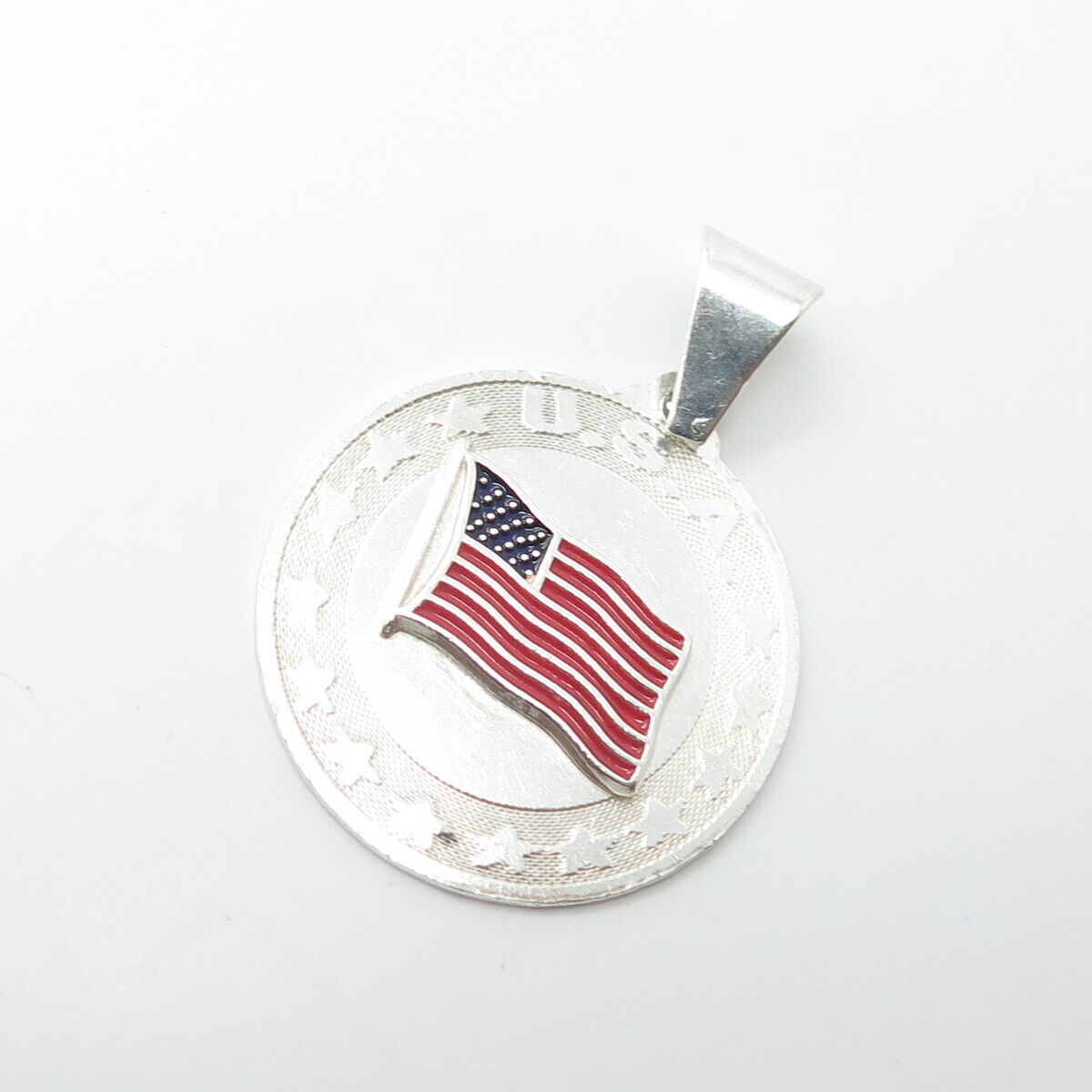 925 Sterling Silver Vintage Enamel United States Flag Round Pendant