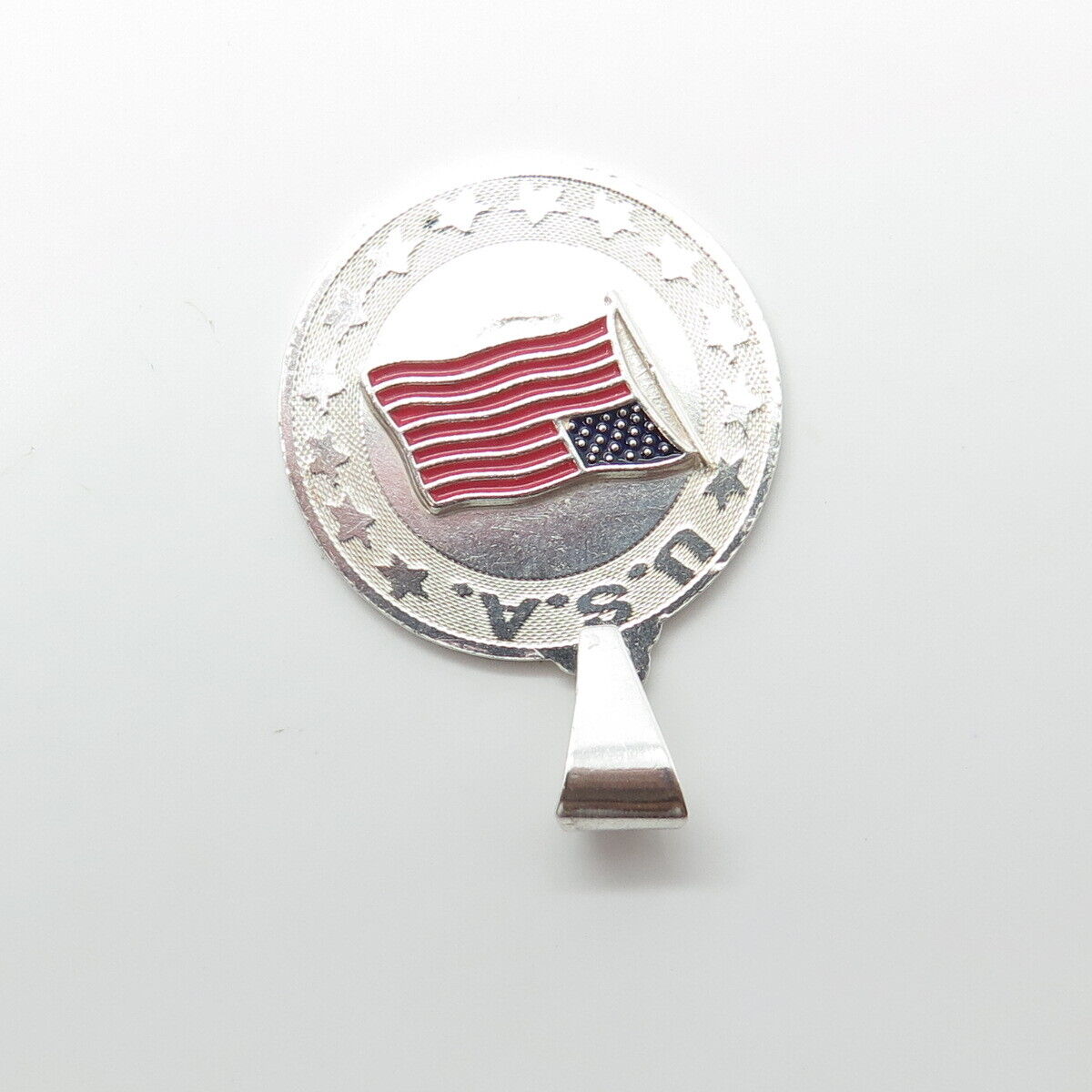 925 Sterling Silver Vintage Enamel United States Flag Round Pendant