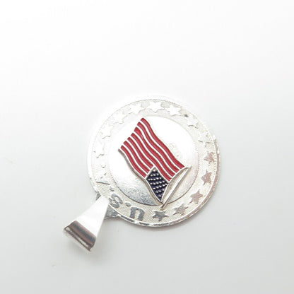 925 Sterling Silver Vintage Enamel United States Flag Round Pendant