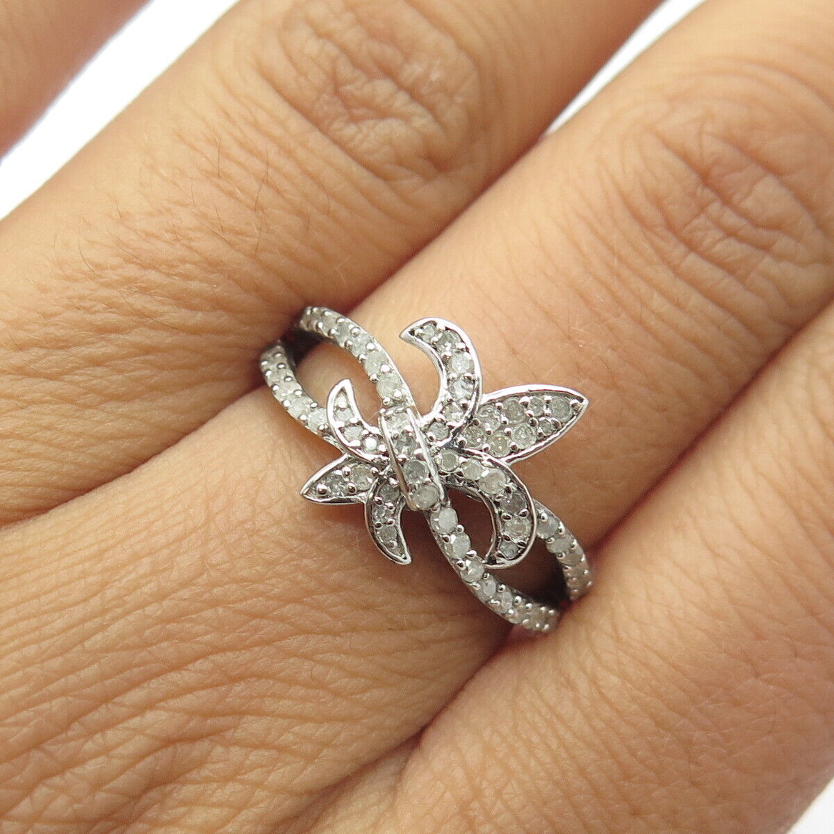 925 Sterling Silver Real White Diamond Fleur-de-Lis Cocktail Ring Size 7