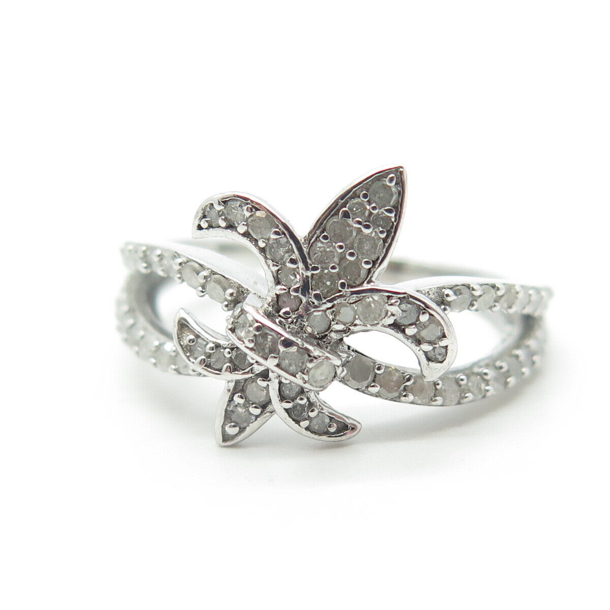 925 Sterling Silver Real White Diamond Fleur-de-Lis Cocktail Ring Size 7