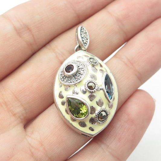 925 Sterling Silver Vintage Real Diamond Topaz Peridot Garnet Marcasite Pendant