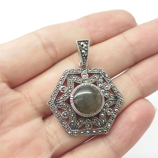 925 Sterling Silver Vintage Mother-Of-Pearl & Marcasite Victorian Style Pendant