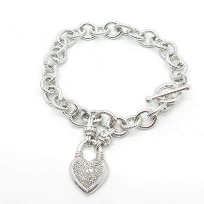 925 Sterling Silver Real White Diamond Heart Rolo Chain Bracelet 6.5"