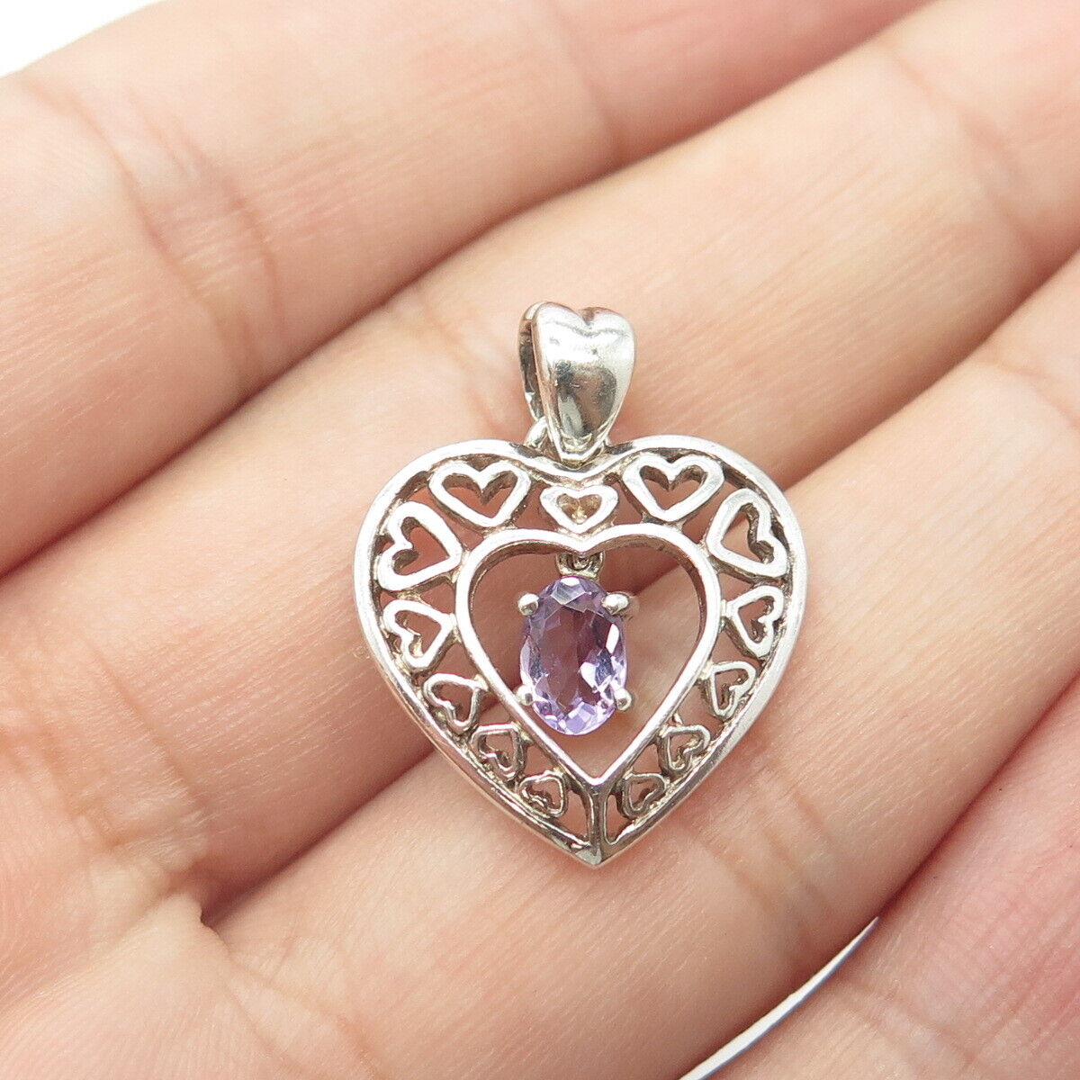 925 Sterling Silver Vintage Real Lavender Amethyst Open Heart Charm Pendant