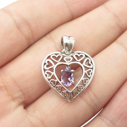 925 Sterling Silver Vintage Real Lavender Amethyst Open Heart Charm Pendant