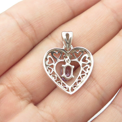 925 Sterling Silver Vintage Real Lavender Amethyst Open Heart Charm Pendant