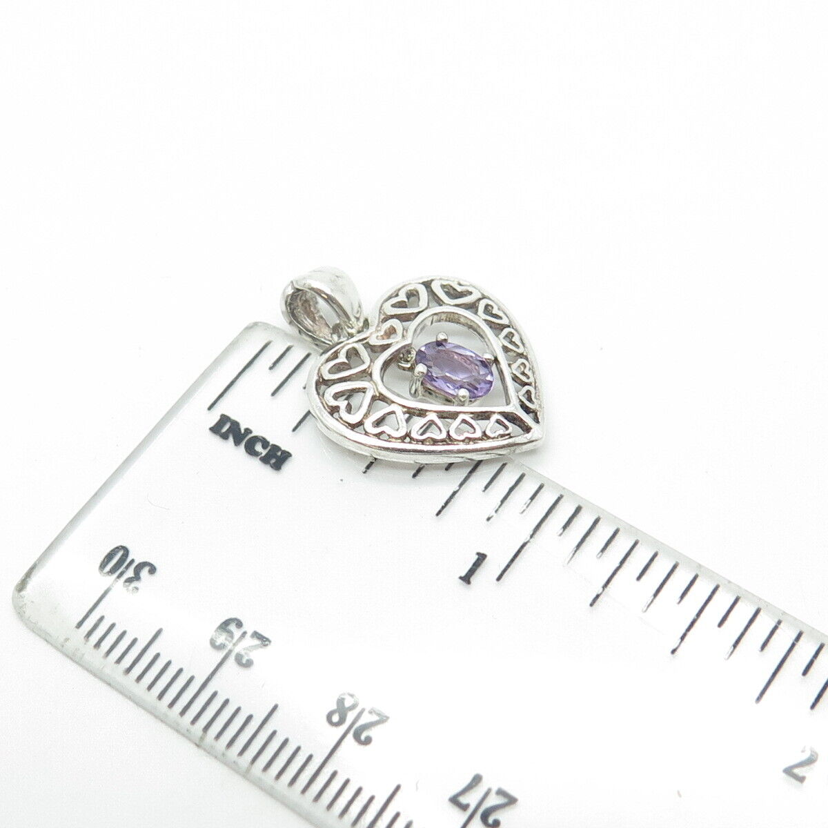 925 Sterling Silver Vintage Real Lavender Amethyst Open Heart Charm Pendant