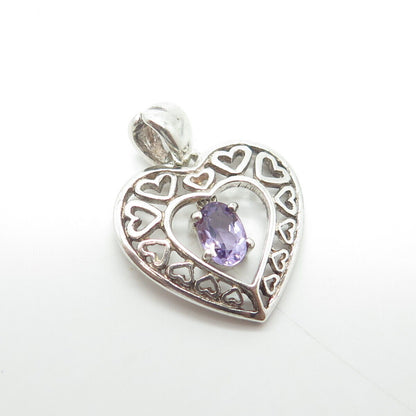 925 Sterling Silver Vintage Real Lavender Amethyst Open Heart Charm Pendant