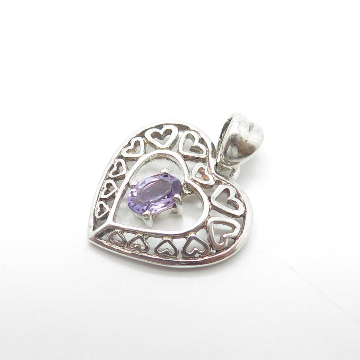 925 Sterling Silver Vintage Real Lavender Amethyst Open Heart Charm Pendant