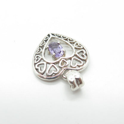 925 Sterling Silver Vintage Real Lavender Amethyst Open Heart Charm Pendant