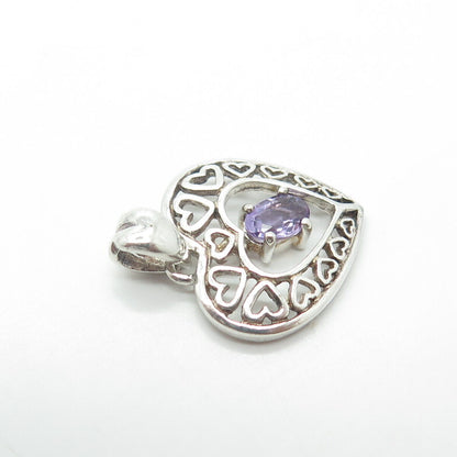 925 Sterling Silver Vintage Real Lavender Amethyst Open Heart Charm Pendant