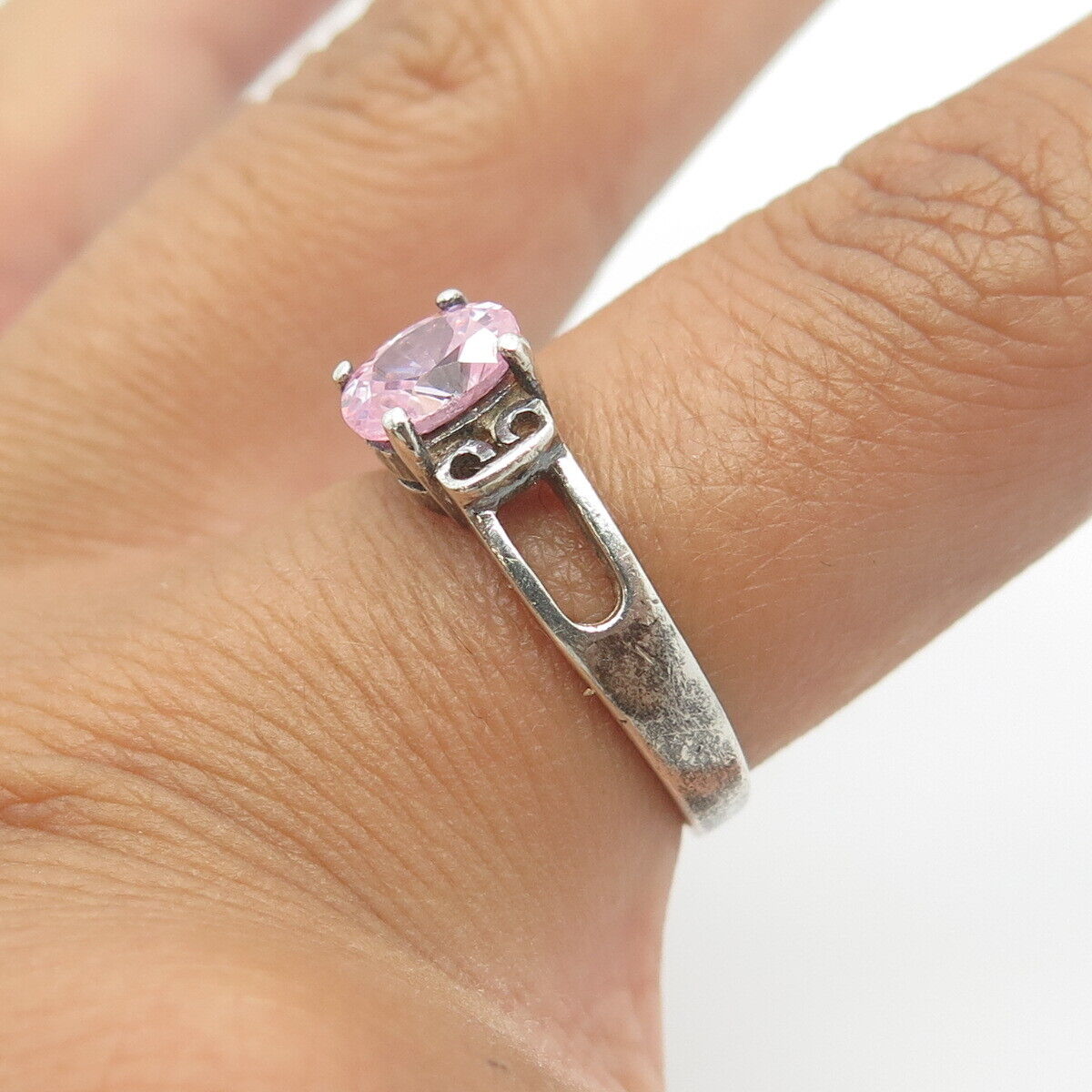 925 Sterling Silver Vintage Pink Oval-Cut Shaped C Z Engagement Ring Size 7.25