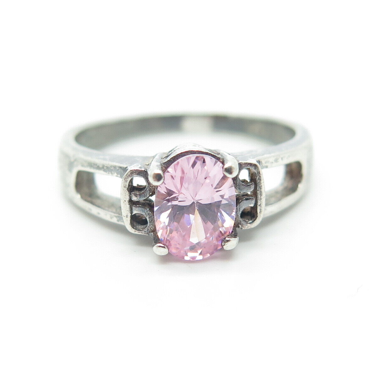 925 Sterling Silver Vintage Pink Oval-Cut Shaped C Z Engagement Ring Size 7.25