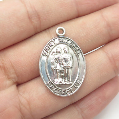 925 Sterling Silver Vintage Saint Michael Protect Us Oval Religious Pendant