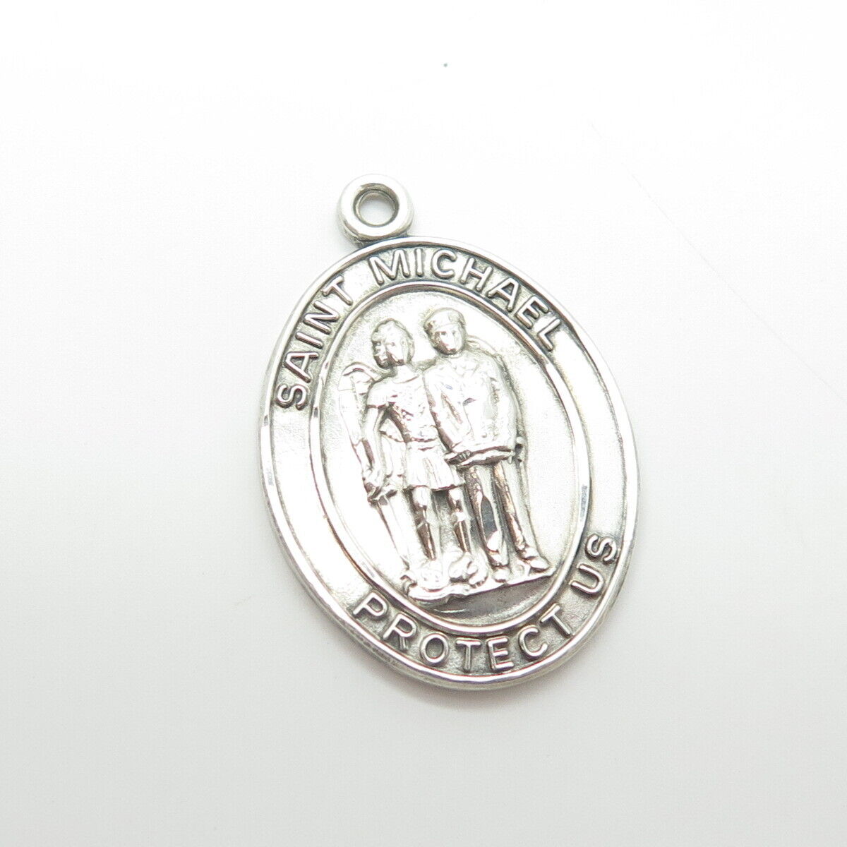 925 Sterling Silver Vintage Saint Michael Protect Us Oval Religious Pendant