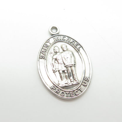 925 Sterling Silver Vintage Saint Michael Protect Us Oval Religious Pendant