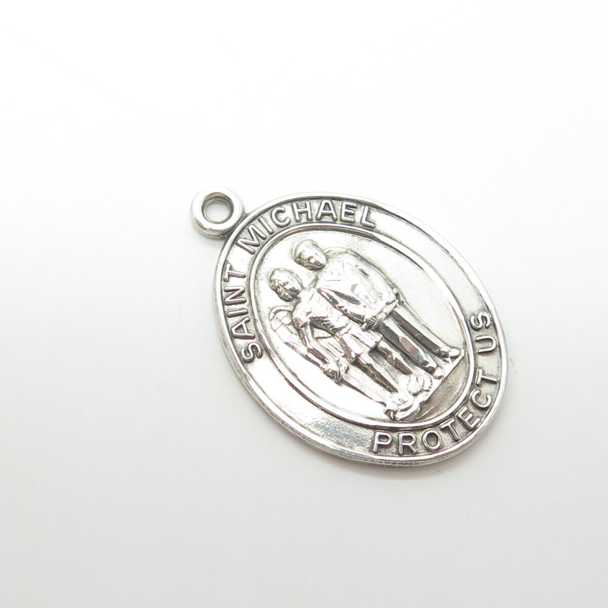 925 Sterling Silver Vintage Saint Michael Protect Us Oval Religious Pendant