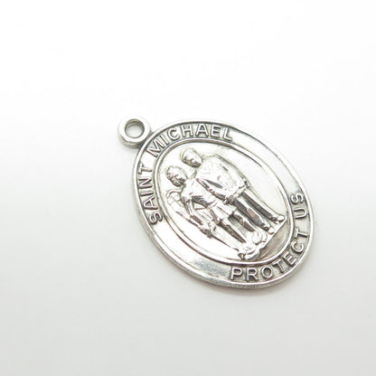 925 Sterling Silver Vintage Saint Michael Protect Us Oval Religious Pendant