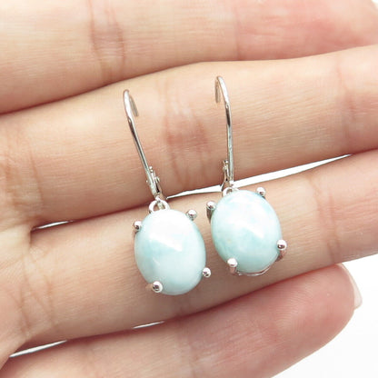 925 Sterling Silver Real Cabochon Larimar Gem Dangle Drop Earrings