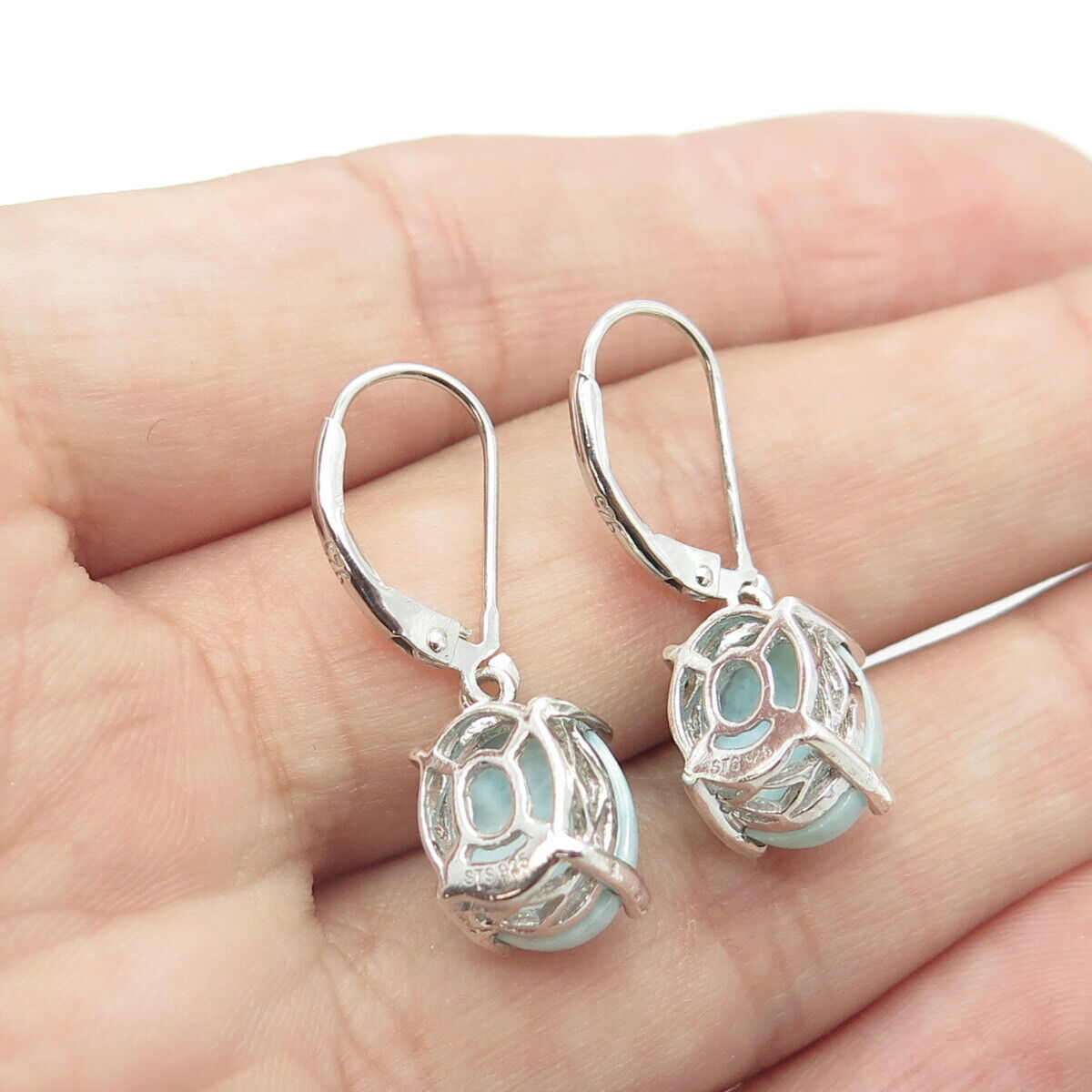 925 Sterling Silver Real Cabochon Larimar Gem Dangle Drop Earrings