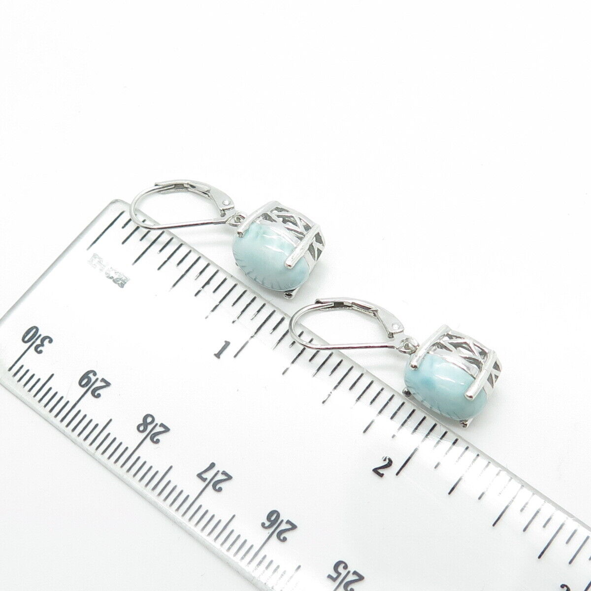 925 Sterling Silver Real Cabochon Larimar Gem Dangle Drop Earrings