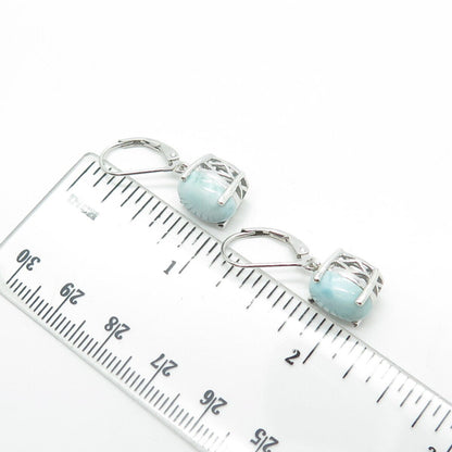 925 Sterling Silver Real Cabochon Larimar Gem Dangle Drop Earrings