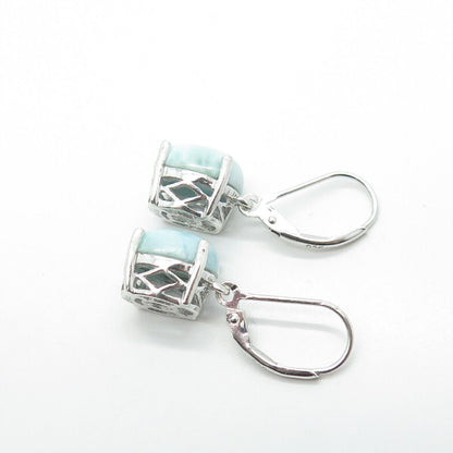 925 Sterling Silver Real Cabochon Larimar Gem Dangle Drop Earrings