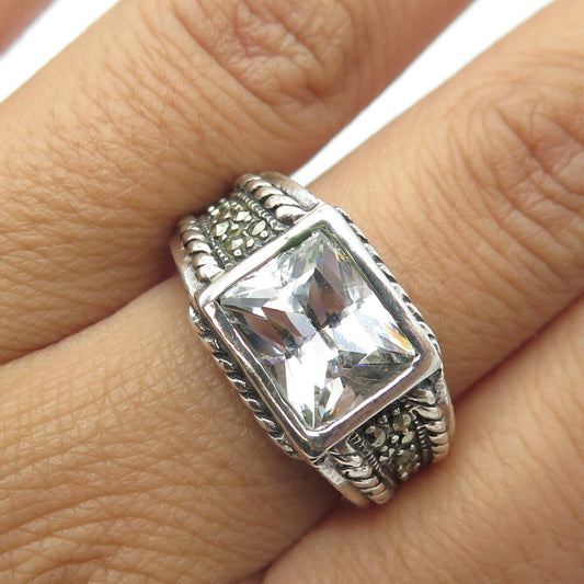 925 Sterling Silver Vintage Princess-Cut C Z & Marcasite Cocktail Ring Size 7.75