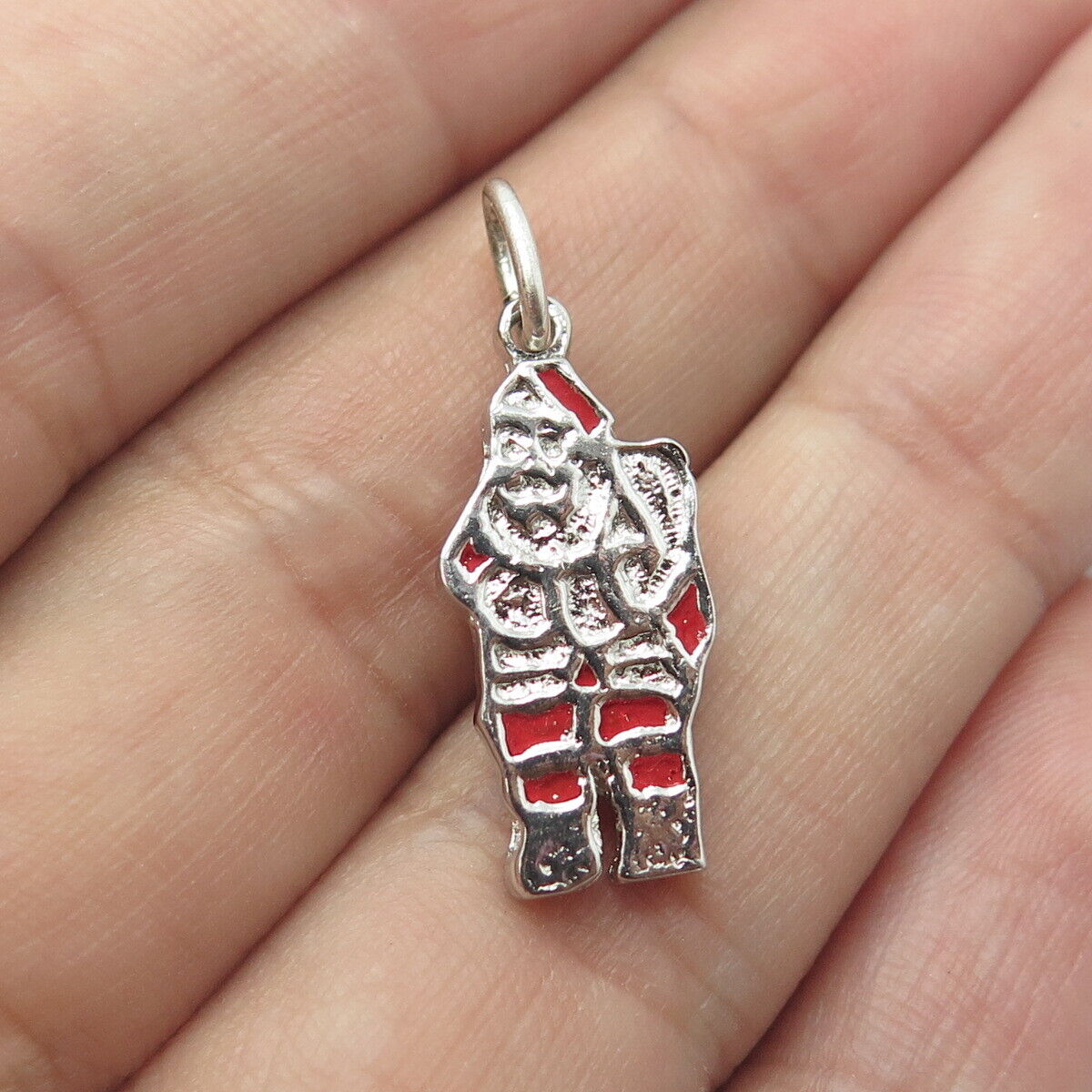 925 Sterling Silver Vintage Red Enamel Santa Claus Christmas Charm Pendant