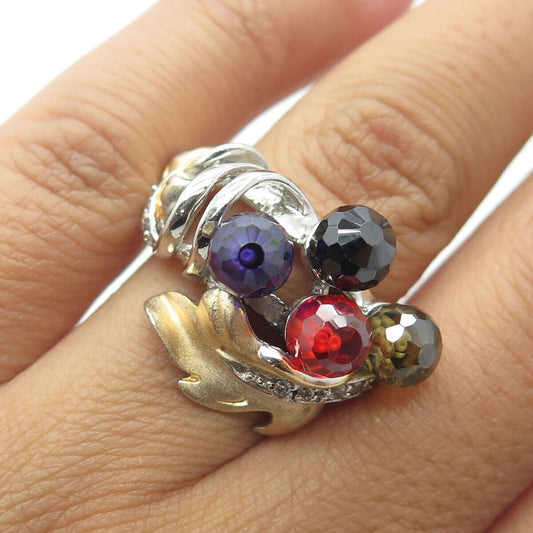 925 Sterling Silver 2-Tone C Z & Multi-Color Crystal Ball Beaded Ring Size 6.5