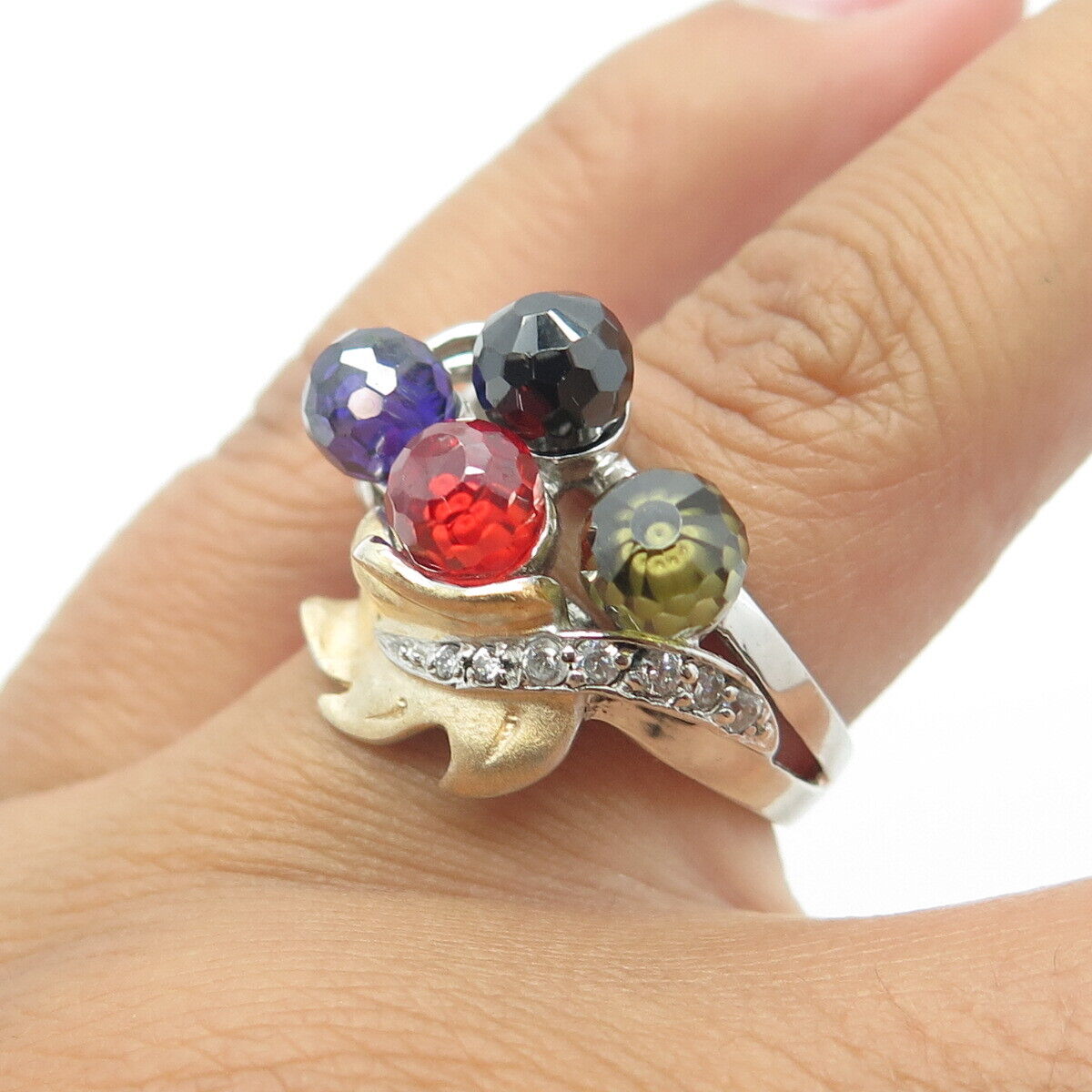 925 Sterling Silver 2-Tone C Z & Multi-Color Crystal Ball Beaded Ring Size 6.5